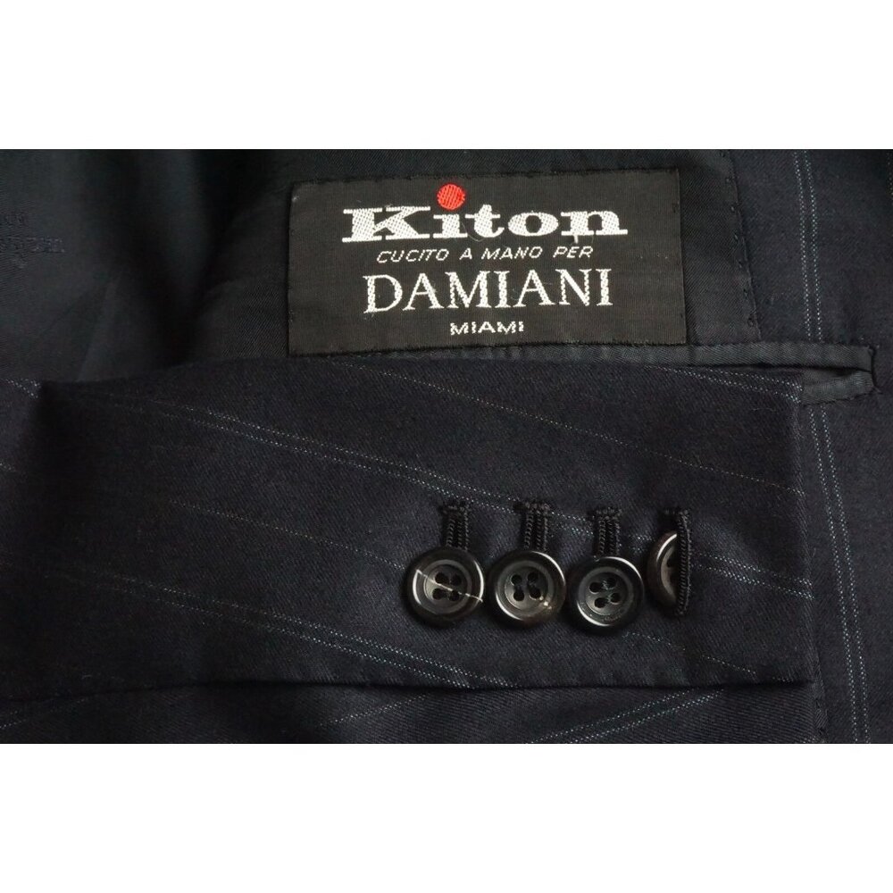 Kiton Navy Blue Striped 100% Wool 2 Pc Suit Jacket Pants Sz 49L Made in Italy